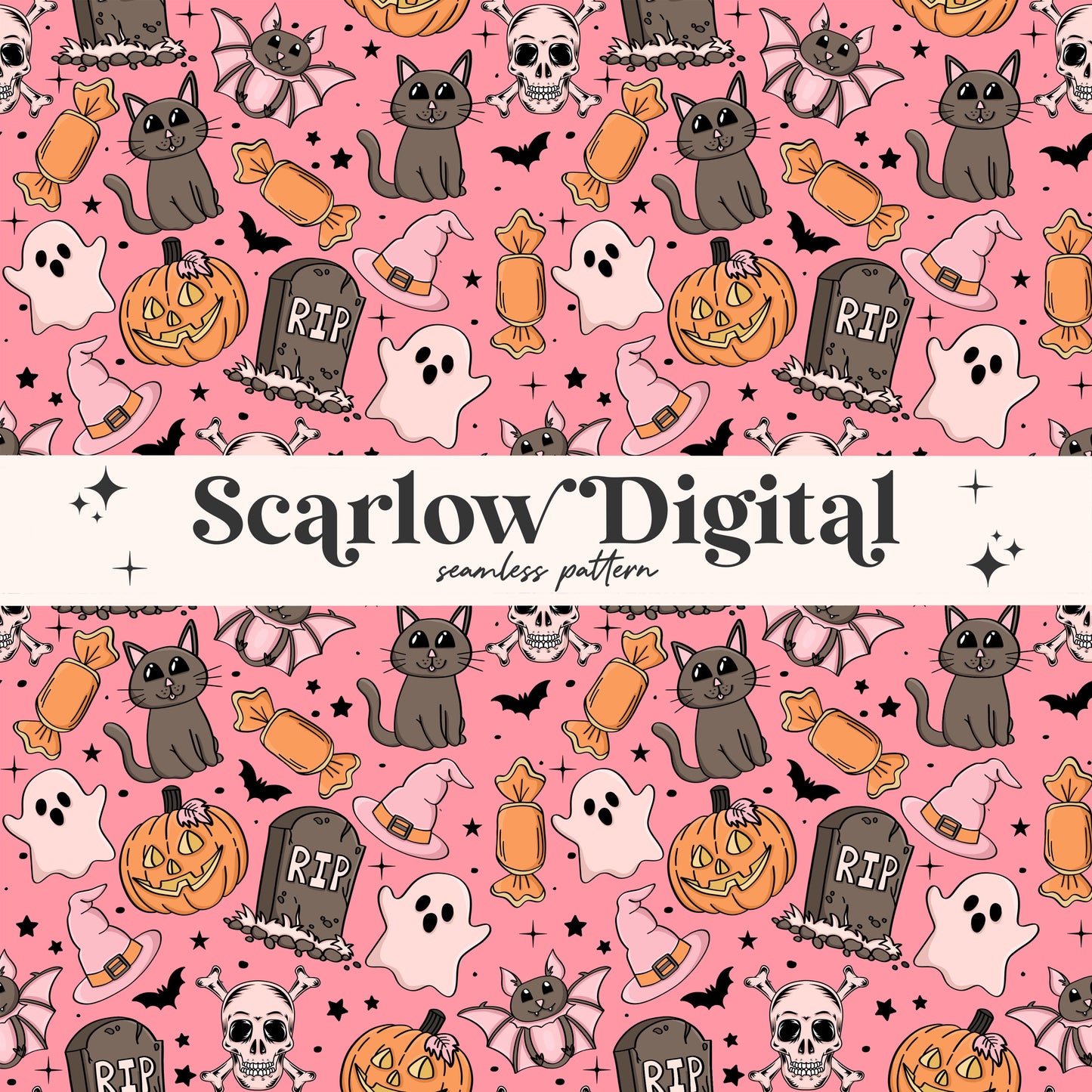 Spooky Seamless Pattern-Halloween Sublimation Digital Design Download-repeating patterns, kids seamless, ghost seamless, black cat seamless