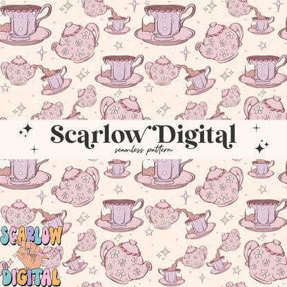 Tea Party Seamless Pattern Digital Design Download, tea cup seamless paper, tea pot pattern, coquette designs, trendy girl seamless patterns