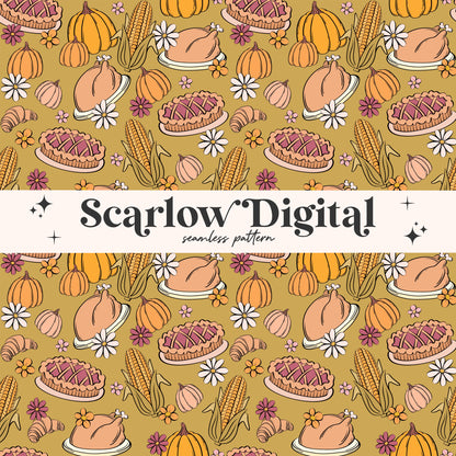 Thanksgiving Food Seamless Pattern-Fall Sublimation Digital Design Download-pumpkins seamless, pie seamless, turkey seamless, floral seam