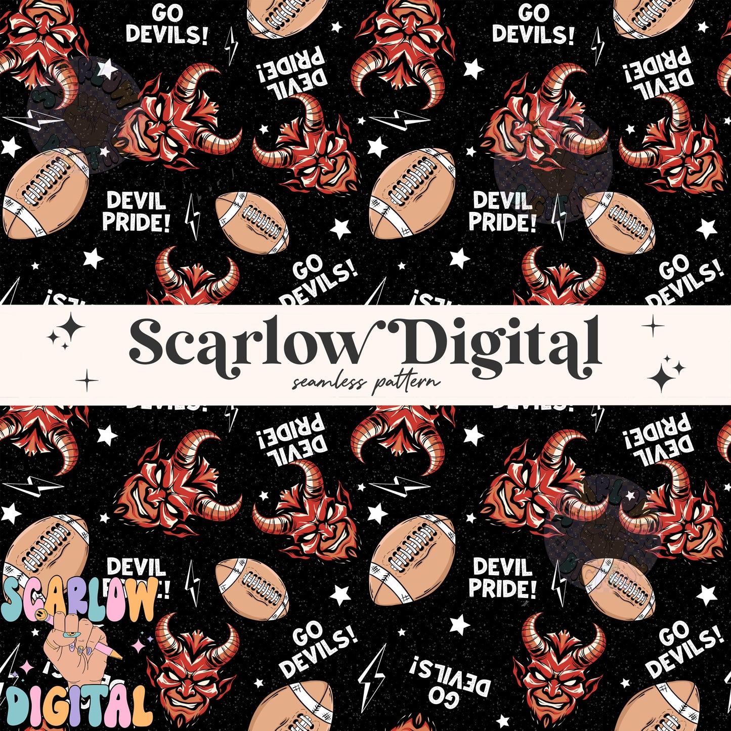 Devils Seamless Pattern Digital Design Download, Devils football seamless file, team mascot digital prints, football season seamless