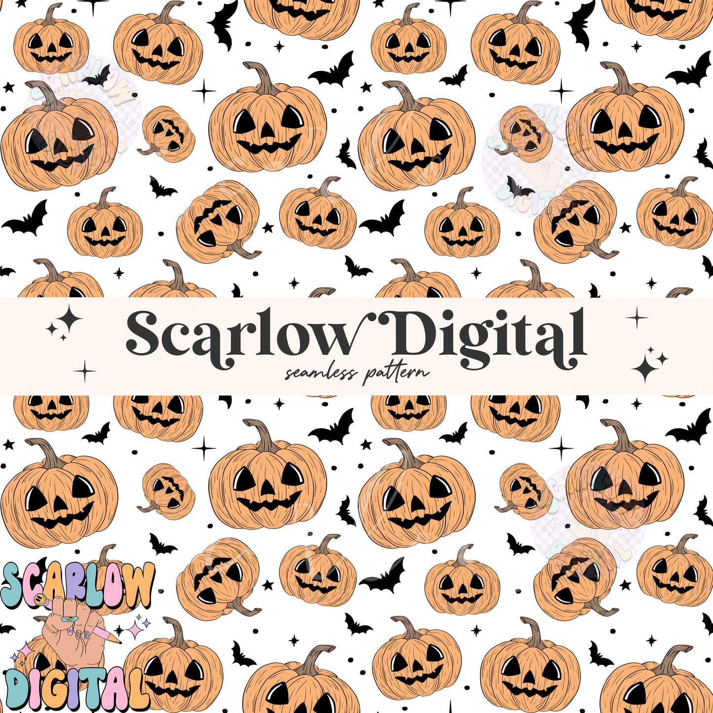 Jack-O'-Lanterns and Bats Seamless Pattern Digital Design Download, halloween seamless pattern, pumpkins digital paper, spooky season design