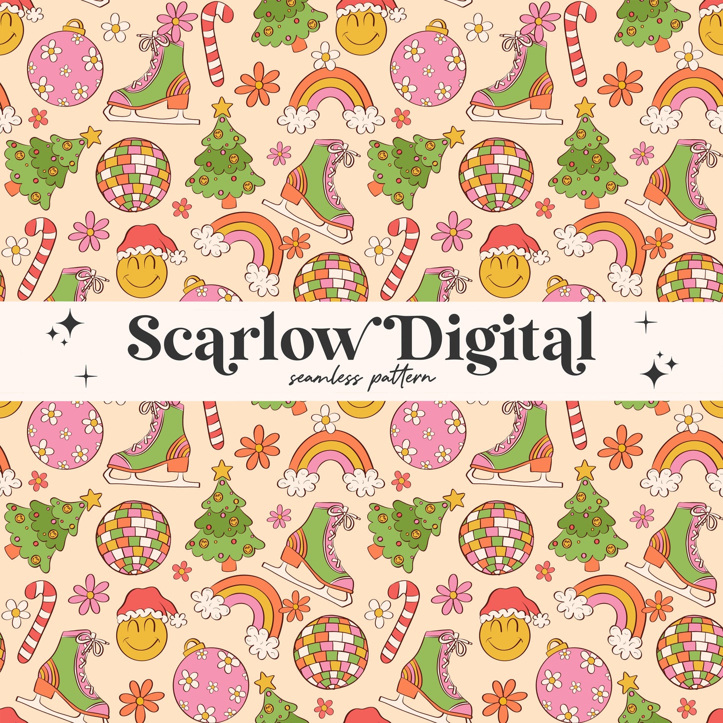 Groovy Christmas Seamless Pattern Sublimation Digital Design Download-hippie christmas seamless, disco seamless, retro christmas seamless