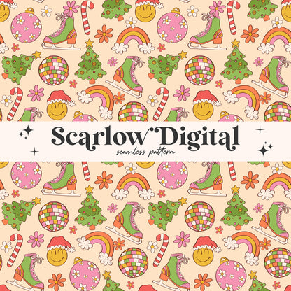 Groovy Christmas Seamless Pattern Sublimation Digital Design Download-hippie christmas seamless, disco seamless, retro christmas seamless