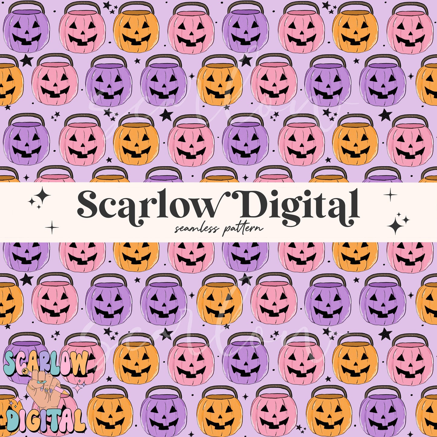 Pumpkin Buckets Seamless Pattern-Halloween Sublimation Digital Design Download-girl halloween seamless pattern, spooky season seamless files