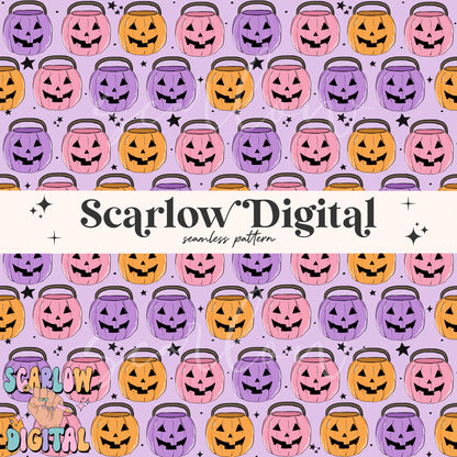 Pumpkin Buckets Seamless Pattern-Halloween Sublimation Digital Design Download-girl halloween seamless pattern, spooky season seamless files