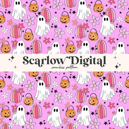 Floral Ghost Seamless Pattern-Halloween Sublimation Digital Design Download-groovy ghost seamless, hippie ghost seamless, girl halloween png