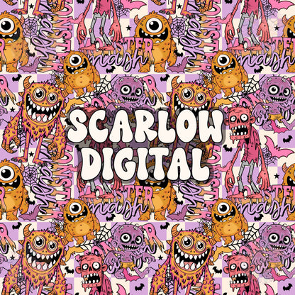 Monsters Seamless Pattern Digital Design Download, Halloween seamless pattern, spooky season seamless pattern, girl seamless pattern design