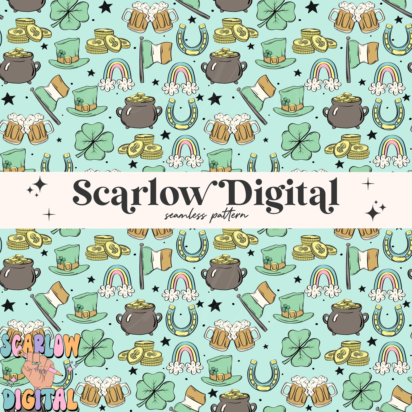 Saint Patrick's Day Doodles Seamless Pattern Sublimation Digital Design Download, rainbows seamless, lucky seamless file, irish seamless