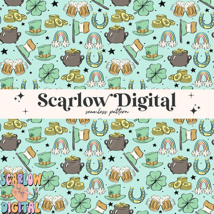 Saint Patrick's Day Doodles Seamless Pattern Sublimation Digital Design Download, rainbows seamless, lucky seamless file, irish seamless