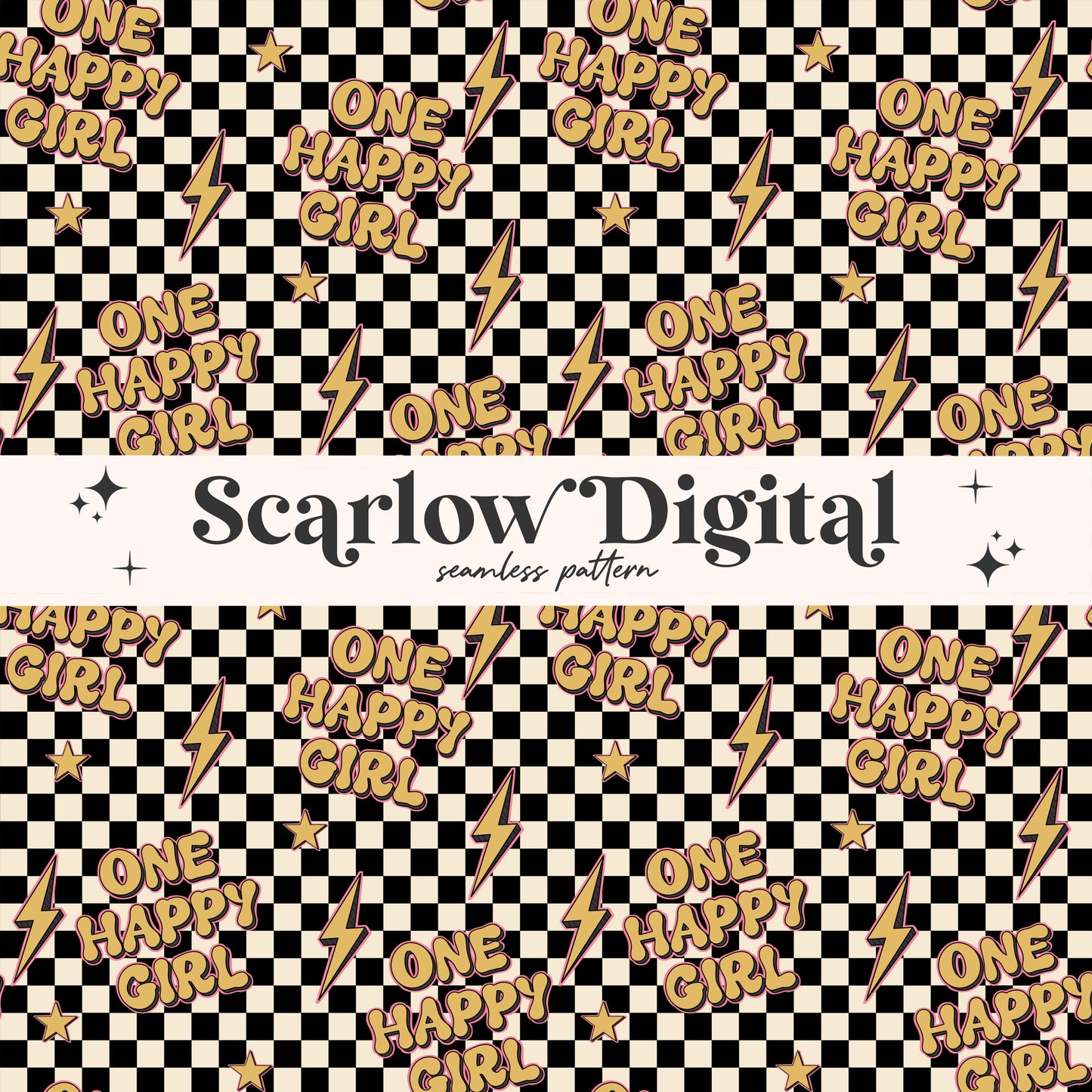 One Happy Girl Seamless Pattern Sublimation Digital Design Download, checkered seamless file, retro sublimation, girl seamless patterns