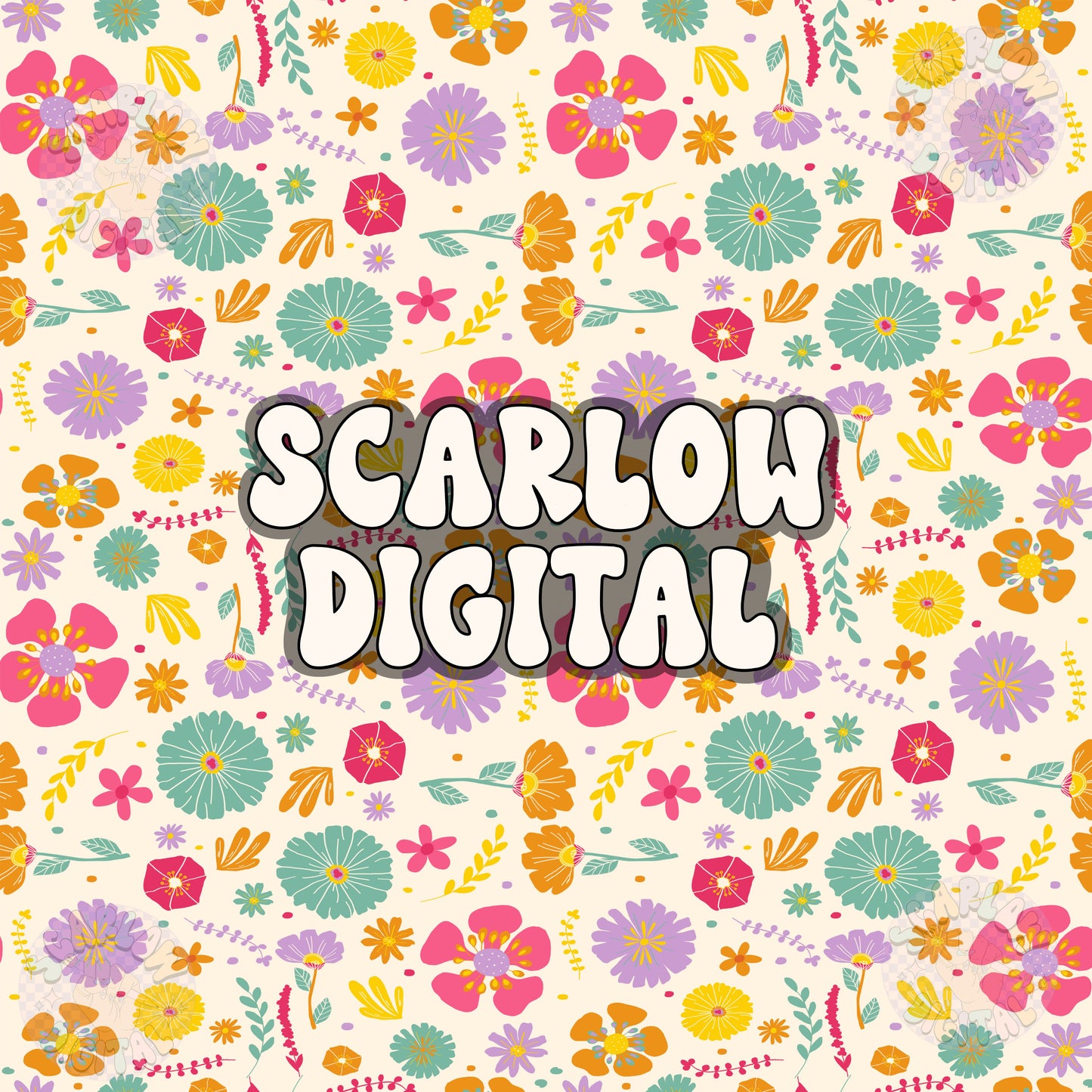 Doodle Flowers Seamless Pattern Digital Design Download, bright colored prints, colorful seamless files, trendy floral seamless pattern