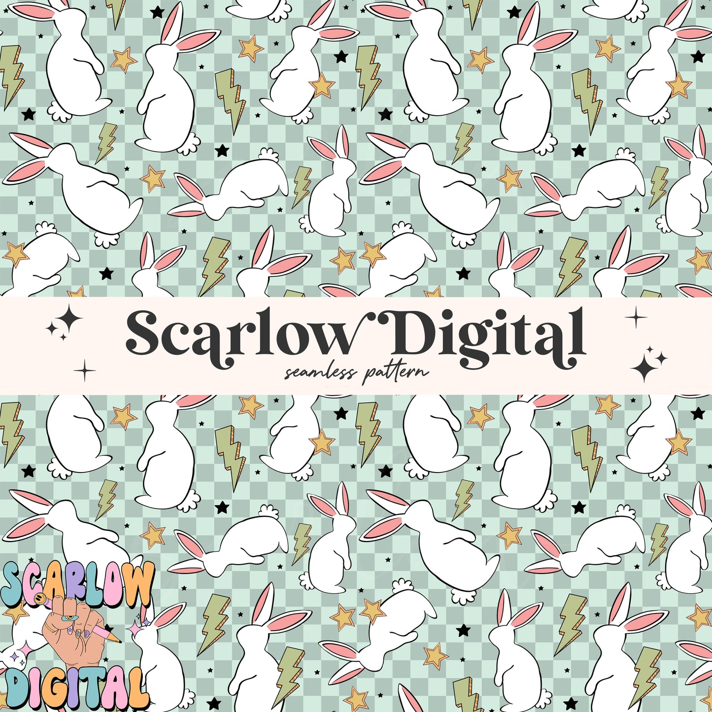 Retro Easter Bunny Seamless Pattern-Easter Sublimation Digital Design Download-checkered easter seamless pattern, boy easter seamless