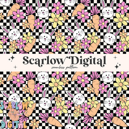 Checkered Easter Doodles Seamless Pattern-girl seamless pattern, retro easter seamless pattern, easter bunny seamless, kids seamless pattern