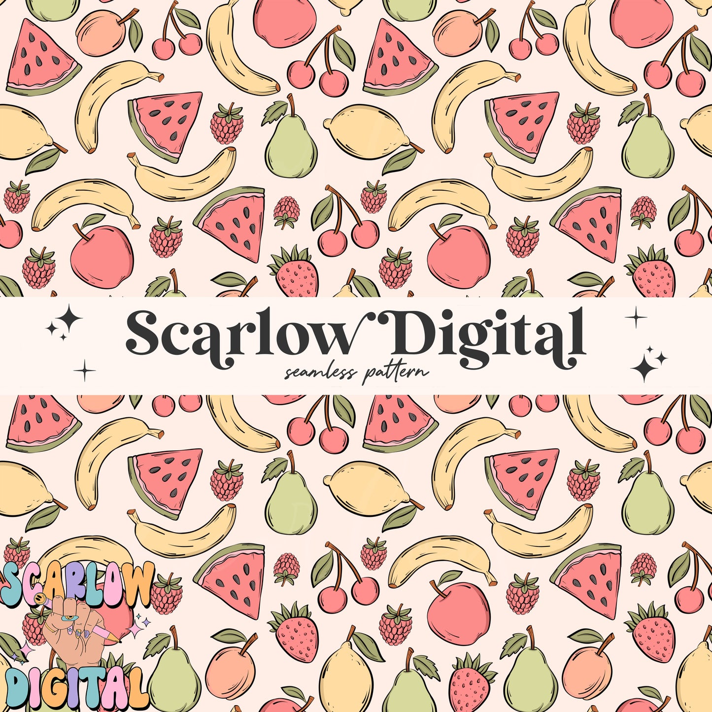 Fruit Seamless Pattern Digital Design Download, banana seamless, cherry seamless, summer seamless prints, kids digital prints, fun seamless