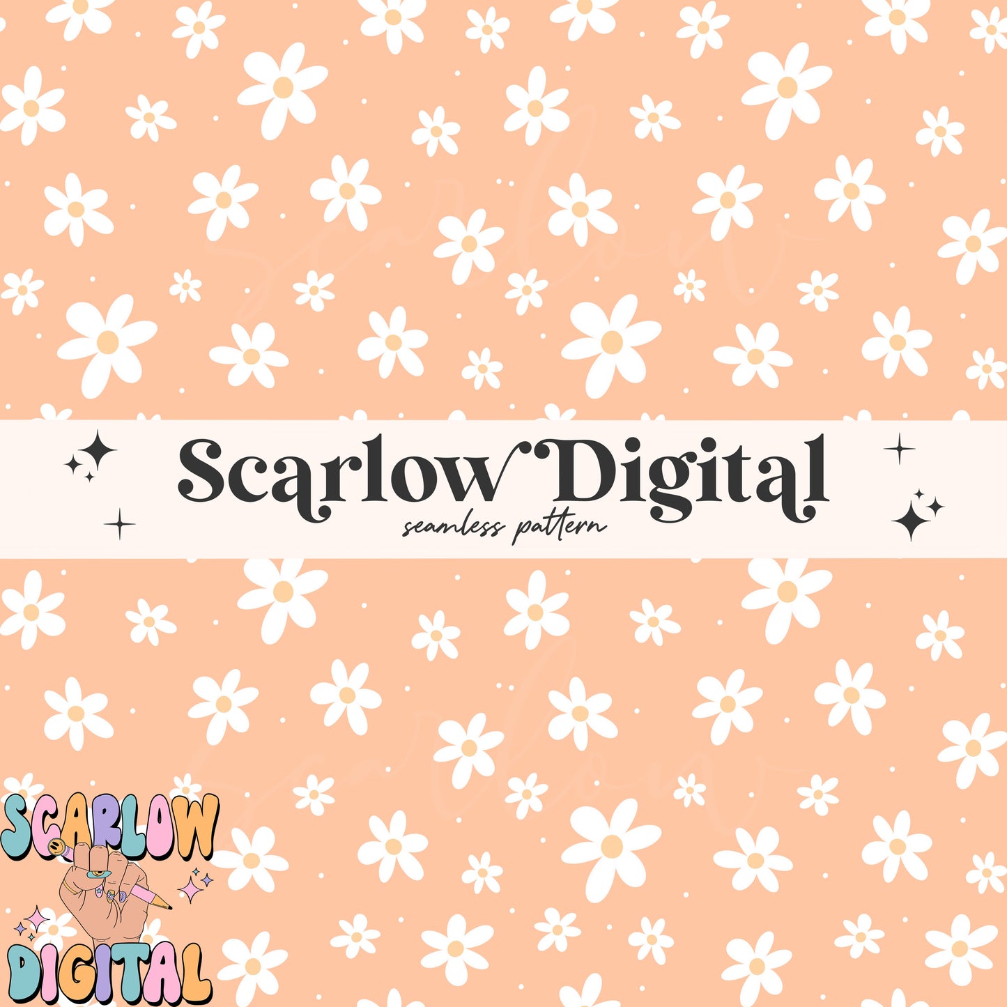 Peachy Flowers Seamless Pattern Digital Design Download, simple floral pattern, doodle flowers seamless, groovy seamless, hippie seamless