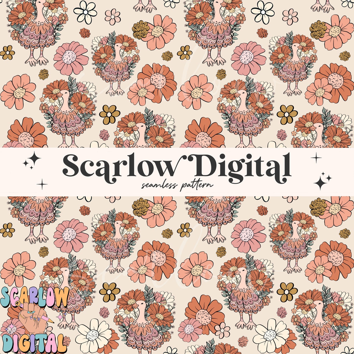 Floral Turkey Seamless Pattern-Thanksgiving Sublimation Digital Design Download-floral seamless pattern, fall seamless file, gobble png file