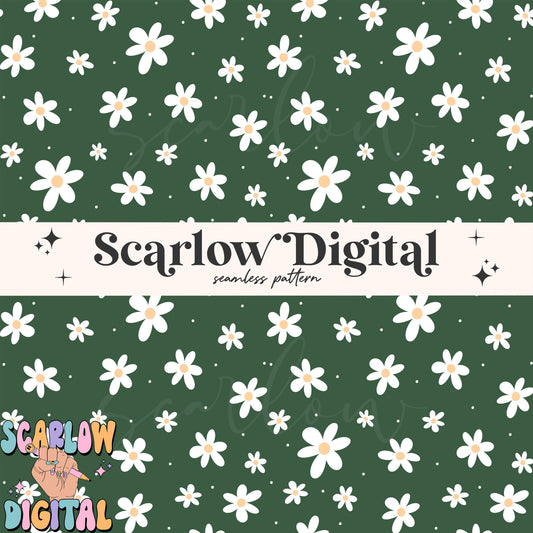 Green Flowers Seamless Pattern Digital Design Download, simple floral pattern, doodle flowers seamless, groovy seamless, hippie seamless