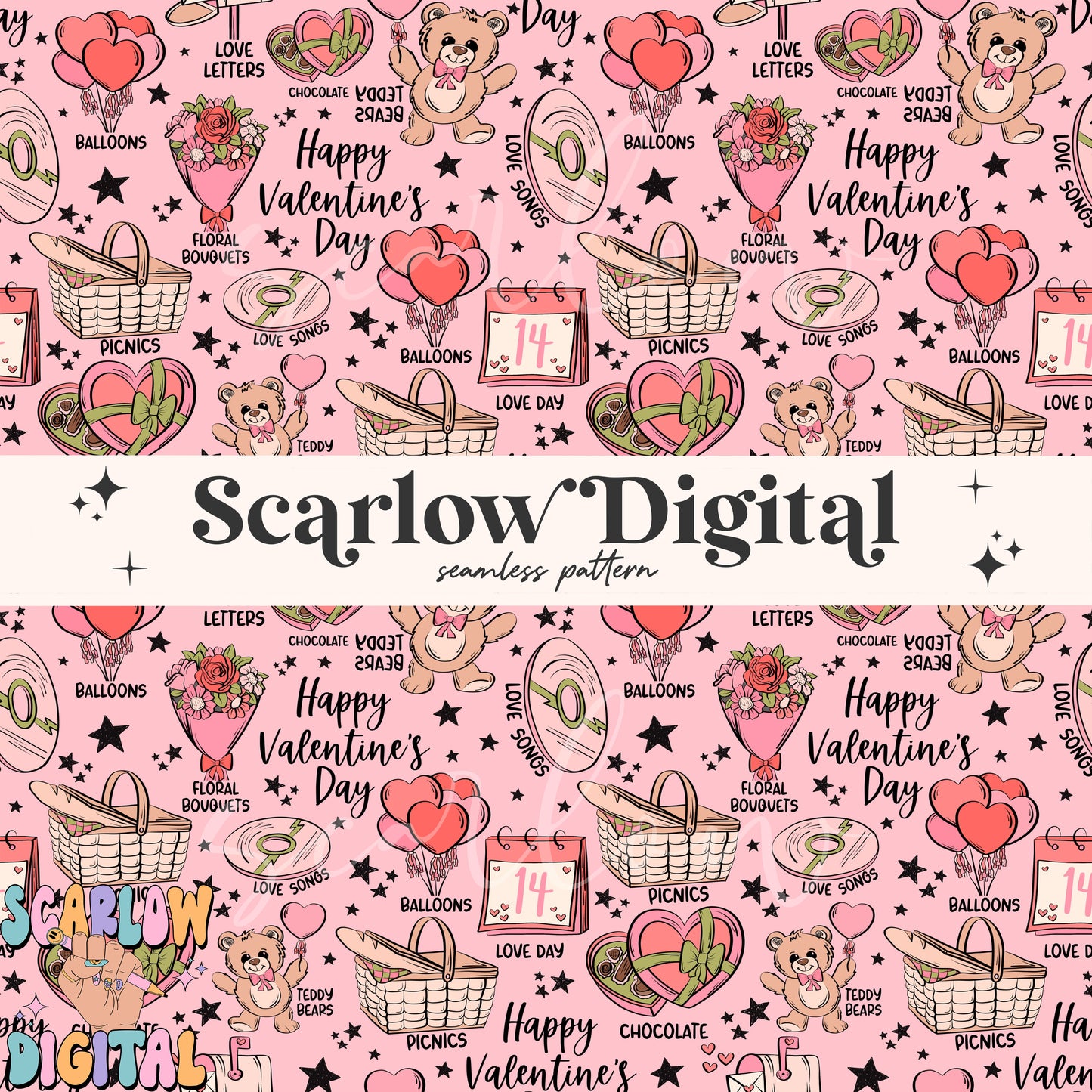 Valentine's Day Seamless Pattern Sublimation Digital Design Download, valentines designs, flowers seamless, chocolate hearts seamless file