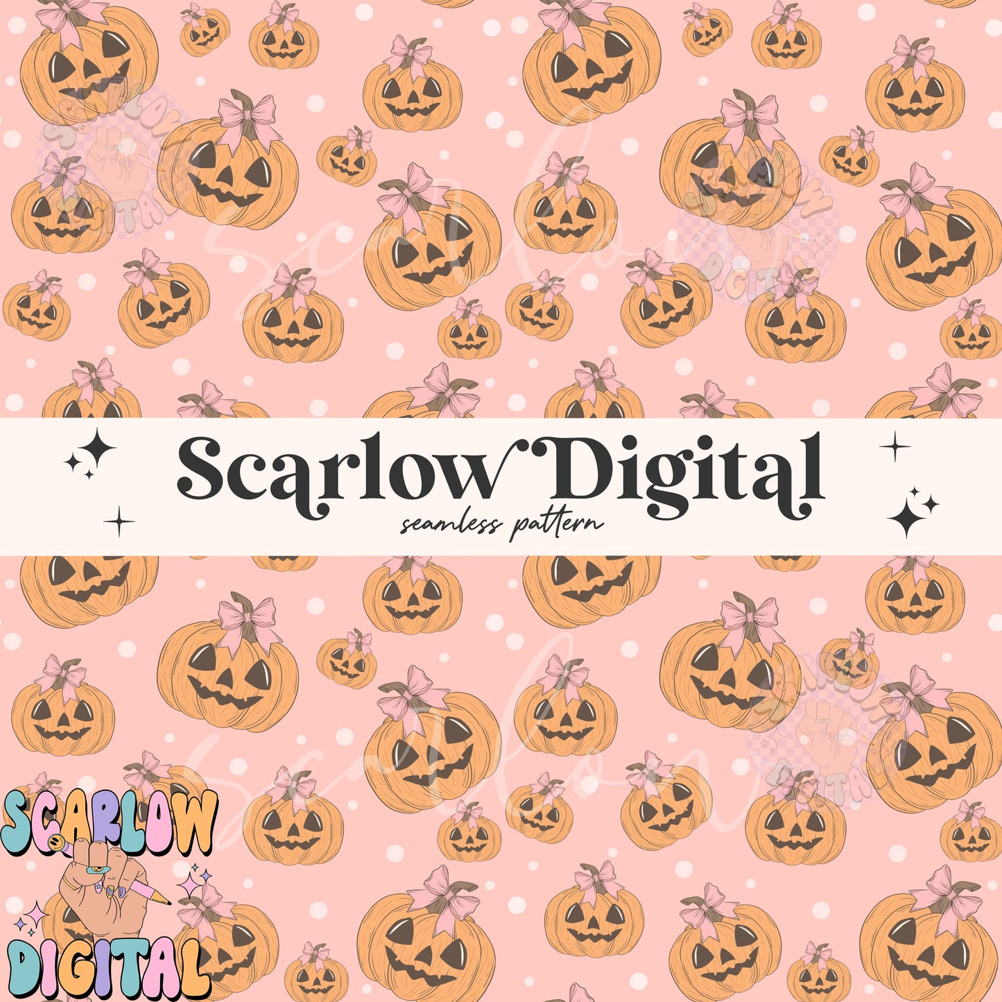 Coquette Jack-O'-Lantern Seamless Pattern Digital Design Download, bows seamless, halloween digital patterns, cute fall seamless designs