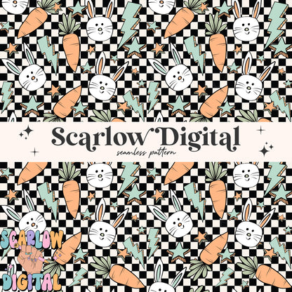 Checkered Easter Doodles Seamless Pattern-boy seamless pattern, retro easter seamless pattern, easter bunny seamless, kids seamless pattern