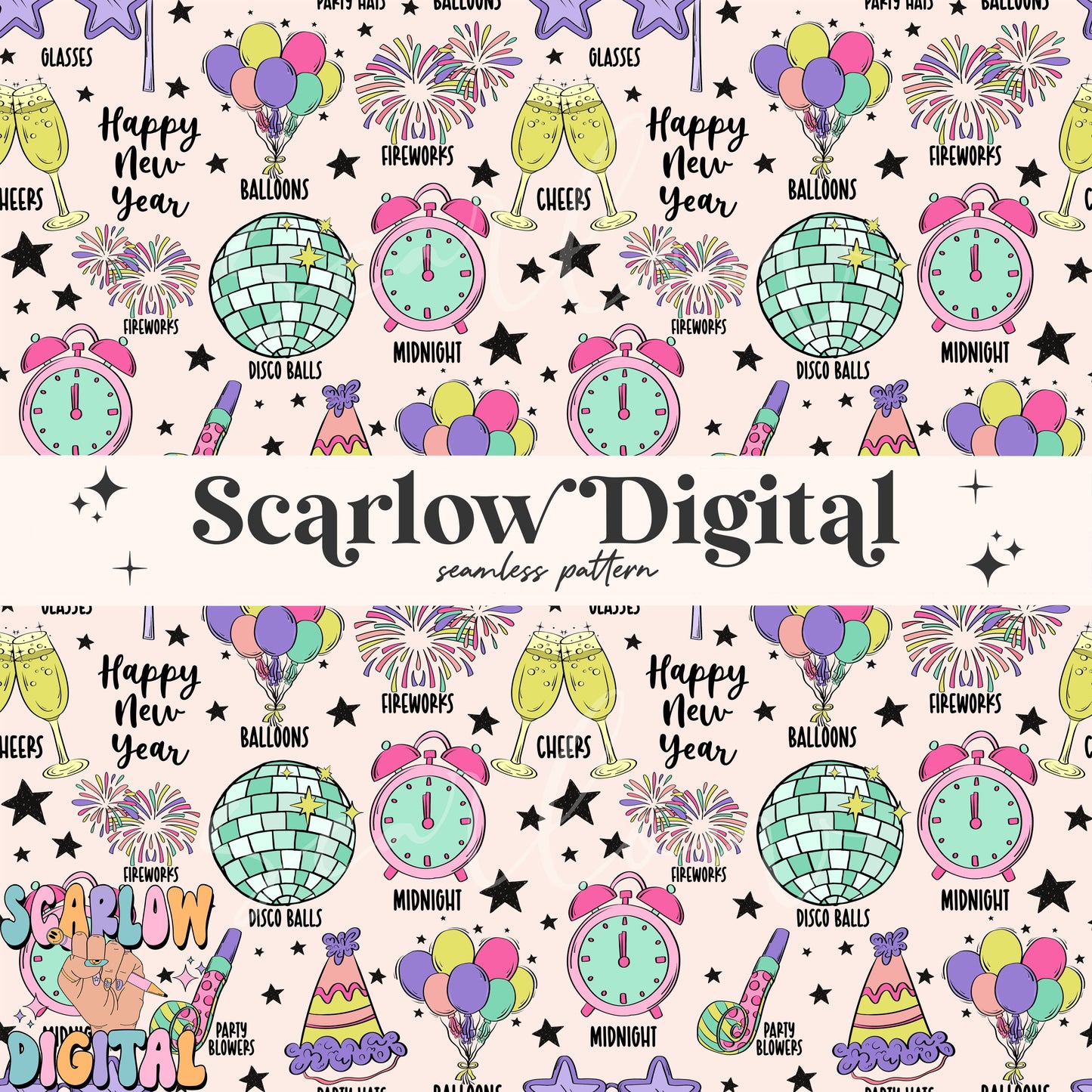 New Years Seamless Pattern Sublimation Digital Design Download, party seamless, happy new years seamless, disco seamless, fireworks seamless