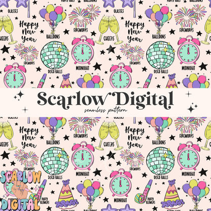 New Years Seamless Pattern Sublimation Digital Design Download, party seamless, happy new years seamless, disco seamless, fireworks seamless