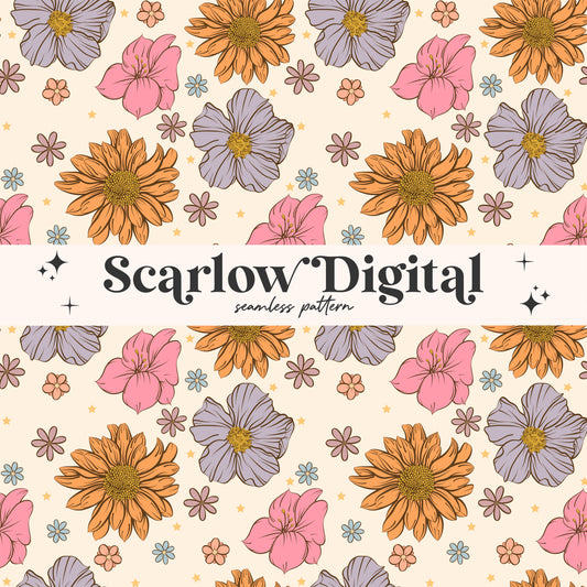 Floral Seamless Pattern Sublimation Digital Design Download, boho seamless, flowers seamless, colorful seamless, retro seamless patterns