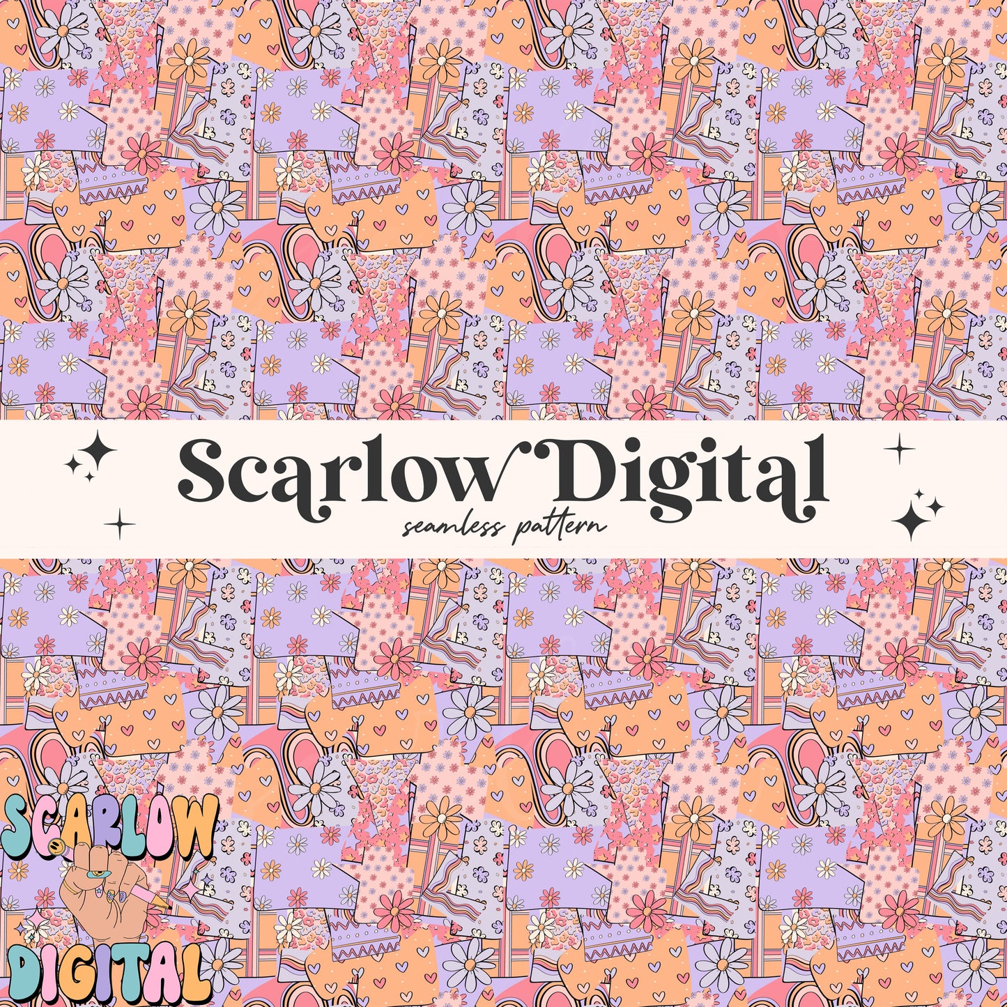 Retro Floral Patchwork Seamless Pattern Digital Design Download, girly seamless paper, trendy digital paper, groovy seamless pattern