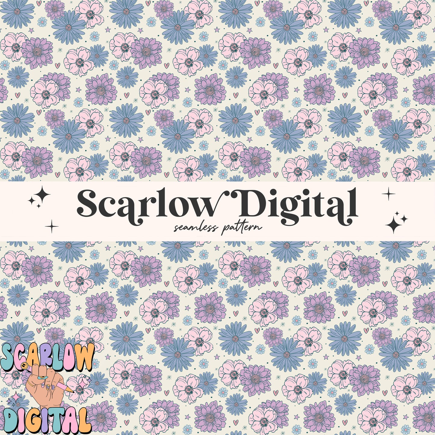 Floral Seamless Pattern Digital Design Download, flowers seamless pattern, doodle hearts seamless, girly seamless, spring seamless pattern