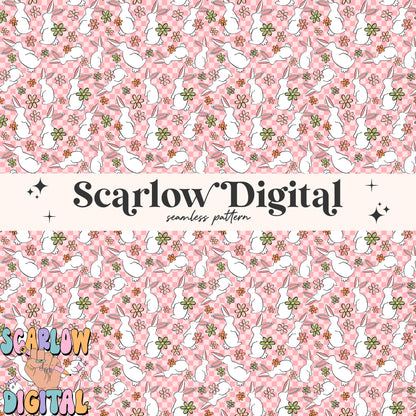 Floral Easter Bunny Seamless Pattern-Easter Sublimation Digital Design Download-checkered easter seamless pattern, girly easter seamless