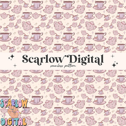 Tea Party Seamless Pattern Digital Design Download, tea cup seamless paper, tea pot pattern, coquette designs, trendy girl seamless patterns