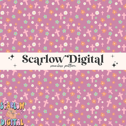Flowers and Crosses Seamless Pattern-Easter Sublimation Digital Design Download-girly easter seamless pattern, boho seamless patterns
