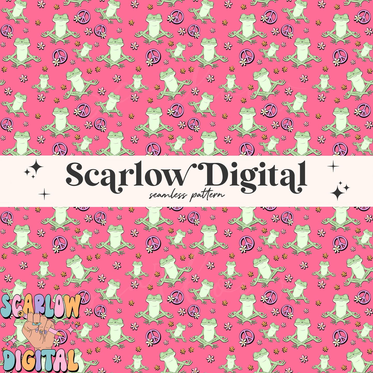 Groovy Frog Seamless Pattern Digital Design Download-peace sign seamless, preppy seamless, retro seamless, hippie seamless, flowers seamless