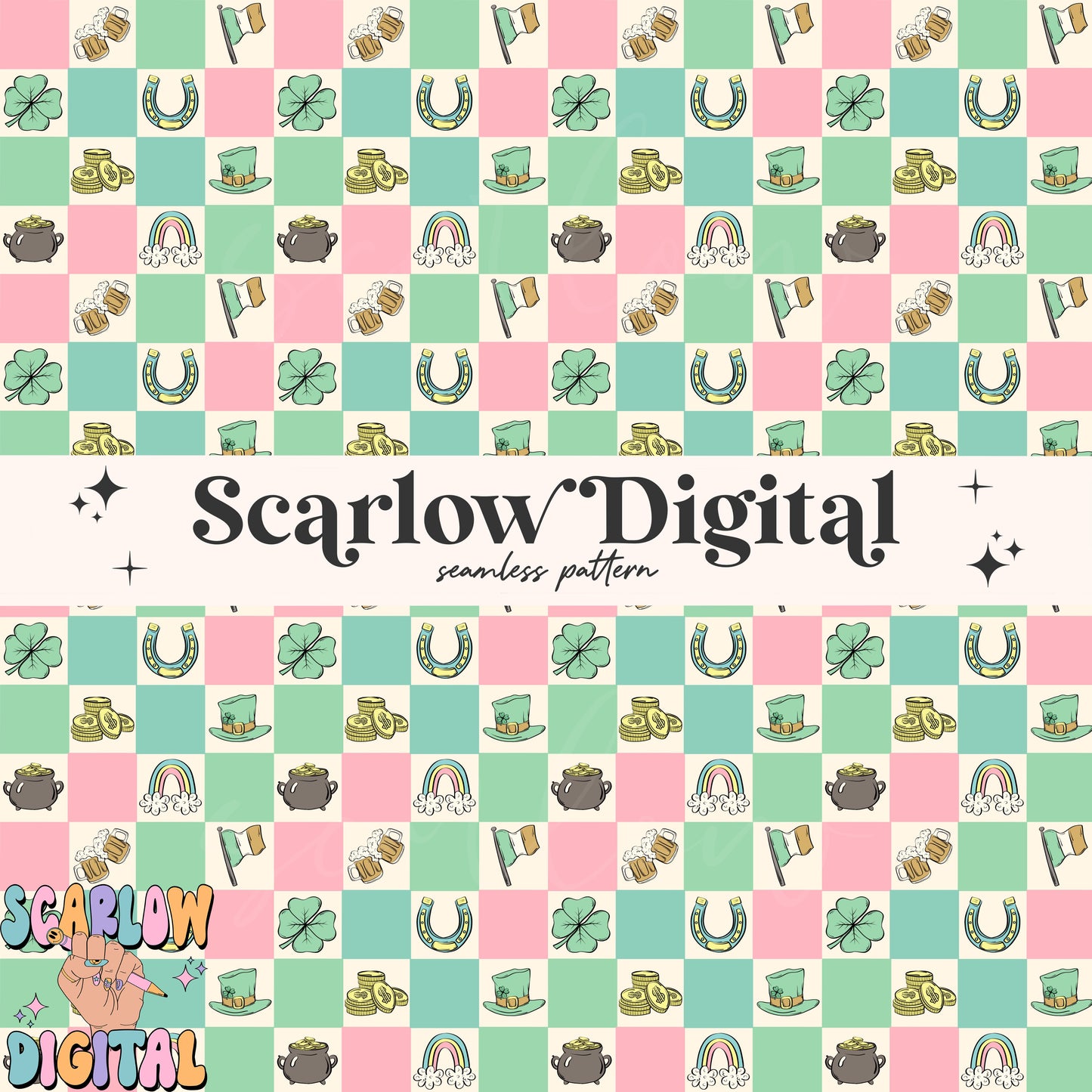 Checkered St Patrick's Day Doodles Seamless Pattern Sublimation Digital Design, rainbow seamless, pot of gold seamless, girl seamless files