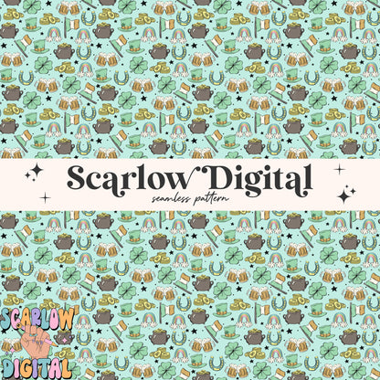 Saint Patrick's Day Doodles Seamless Pattern Sublimation Digital Design Download, rainbows seamless, lucky seamless file, irish seamless