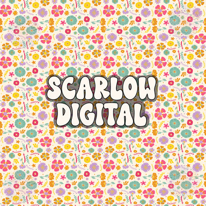 Doodle Flowers Seamless Pattern Digital Design Download, bright colored prints, colorful seamless files, trendy floral seamless pattern