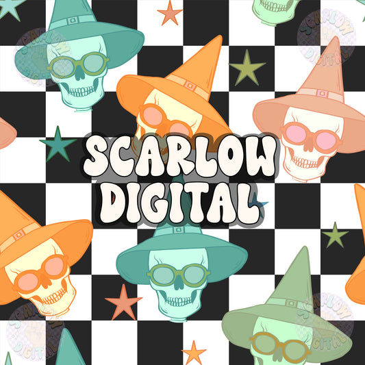 Skulls in Witch Hats Seamless Pattern Digital Design Download, halloween seamless pattern, spooky digital prints, checkers seamless patterns