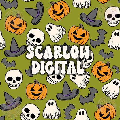 Halloween Seamless Pattern Digital Design Download, pumpkin seamless, jack o lantern seamless, skull seamless, witch seamless, fall seamless