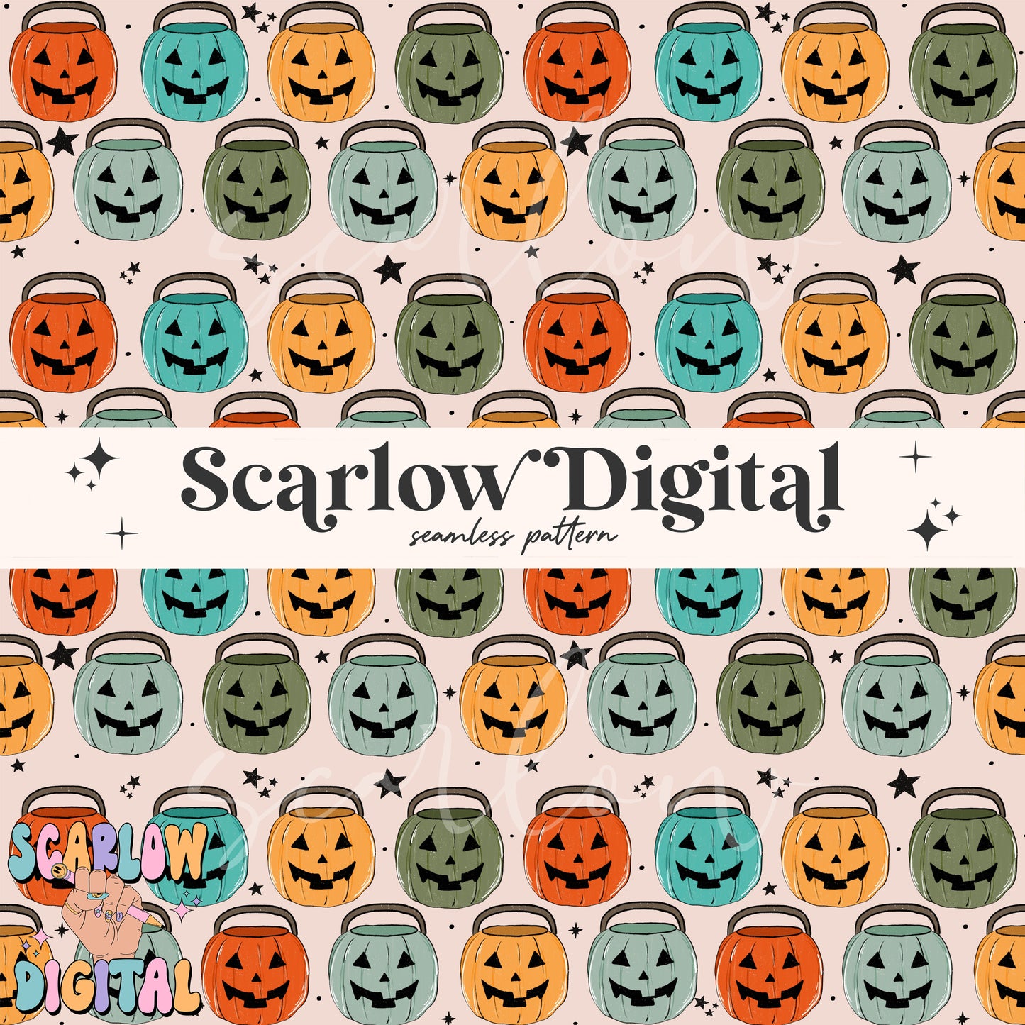 Pumpkin Buckets Seamless Pattern-Halloween Sublimation Digital Design Download-boy halloween seamless pattern, spooky season seamless files