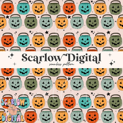 Pumpkin Buckets Seamless Pattern-Halloween Sublimation Digital Design Download-boy halloween seamless pattern, spooky season seamless files