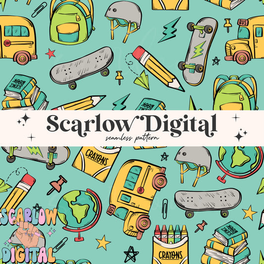 Boy Back to School Seamless Pattern Digital Design Download, trendy school patterns, school bus digital paper, book seamless, skater design