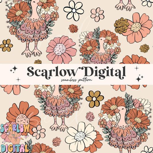 Floral Turkey Seamless Pattern-Thanksgiving Sublimation Digital Design Download-floral seamless pattern, fall seamless file, gobble png file