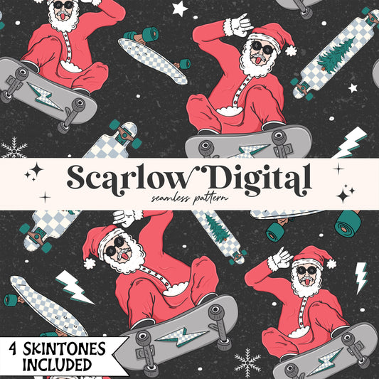 Skating Santa Seamless Pattern-Christmas Sublimation Digital Design Download-santa claus seamless, skateboard christmas seamless, boy design