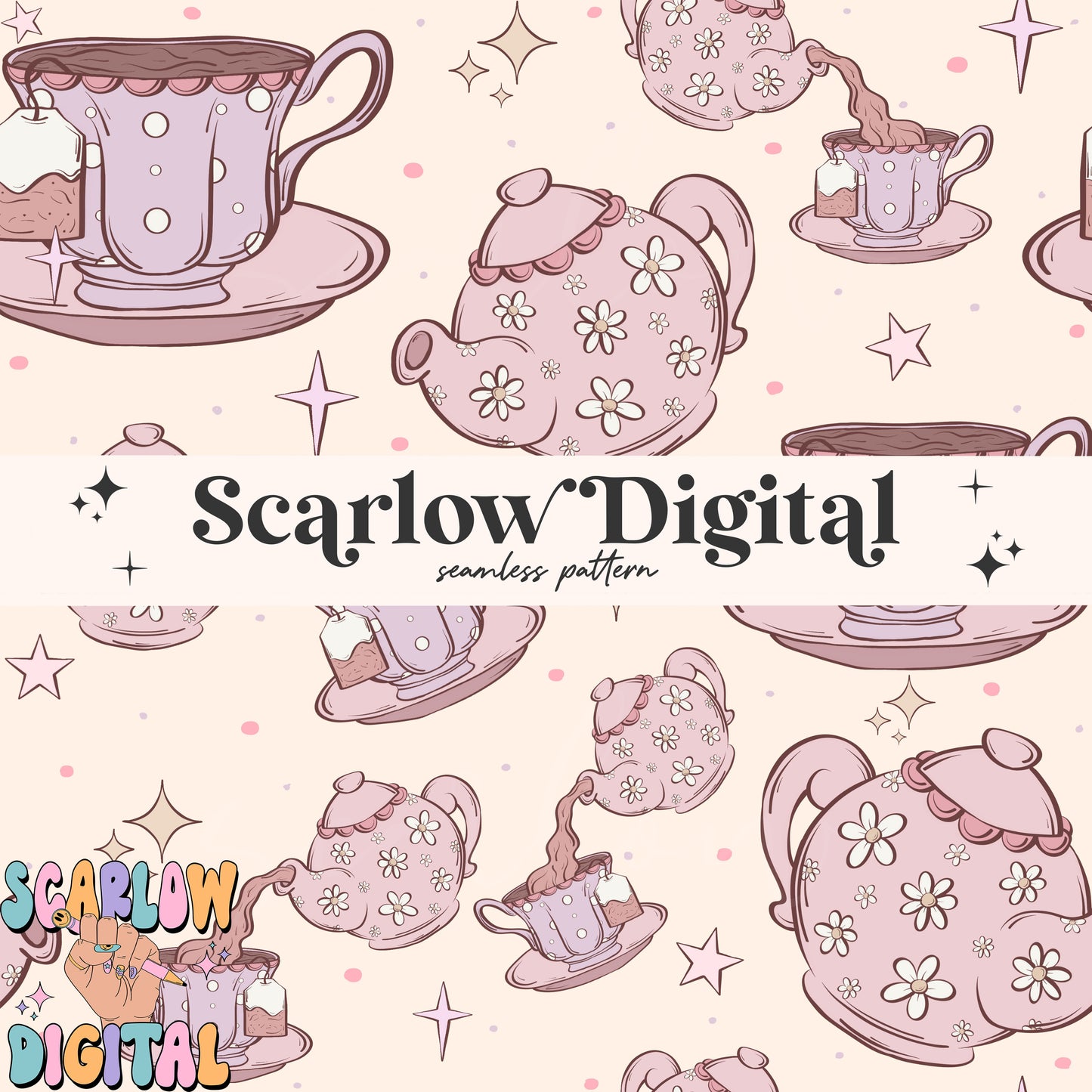 Tea Party Seamless Pattern Digital Design Download, tea cup seamless paper, tea pot pattern, coquette designs, trendy girl seamless patterns