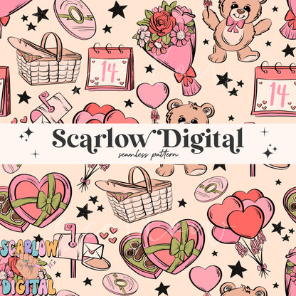 Valentine's Day Seamless Pattern Sublimation Digital Design Download, valentines designs, flowers seamless, chocolate hearts seamless file