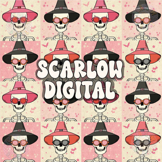 Skeletons in Witch Hats Seamless Pattern Digital Design Download, halloween seamless pattern, spooky seamless, witch seamless, fall seamless