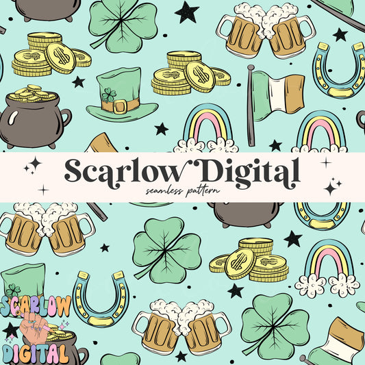 Saint Patrick's Day Doodles Seamless Pattern Sublimation Digital Design Download, rainbows seamless, lucky seamless file, irish seamless