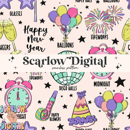 New Years Seamless Pattern Sublimation Digital Design Download, party seamless, happy new years seamless, disco seamless, fireworks seamless