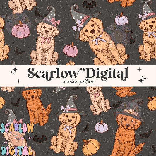 Spooky Dogs Seamless Pattern Digital Design Download, Halloween seamless pattern, fall seamless, golden retriever seamless, spooky season