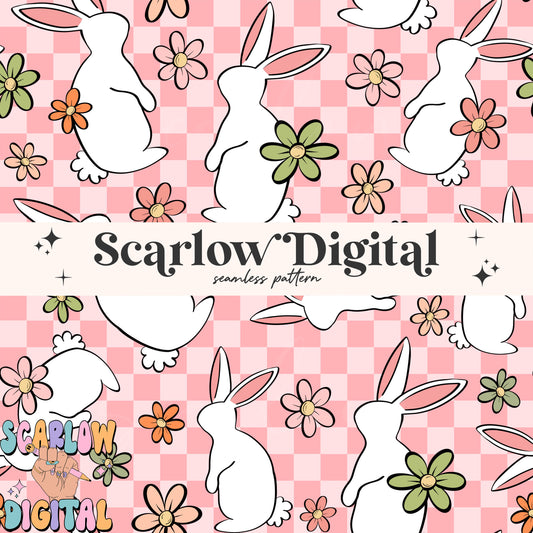 Floral Easter Bunny Seamless Pattern-Easter Sublimation Digital Design Download-checkered easter seamless pattern, girly easter seamless